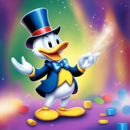 A whimsical scene featuring Donald Duck performing magic tricks in a cartoon style