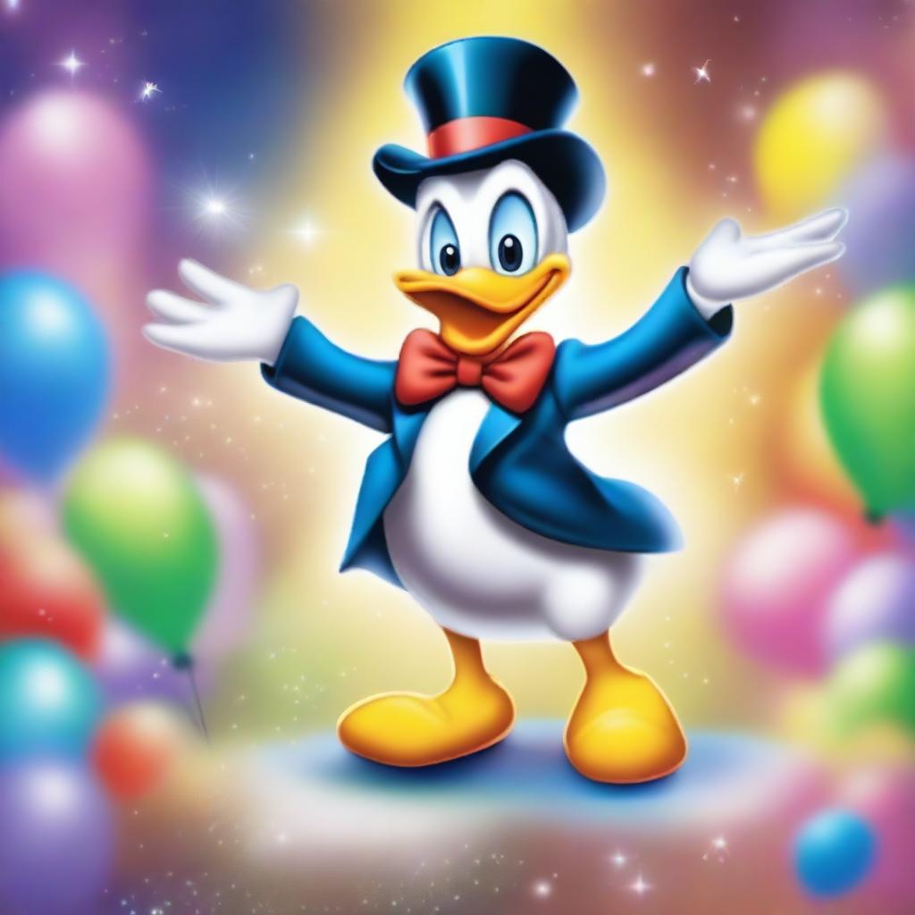 A whimsical scene featuring Donald Duck performing magic tricks in a cartoon style