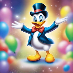 A whimsical scene featuring Donald Duck performing magic tricks in a cartoon style