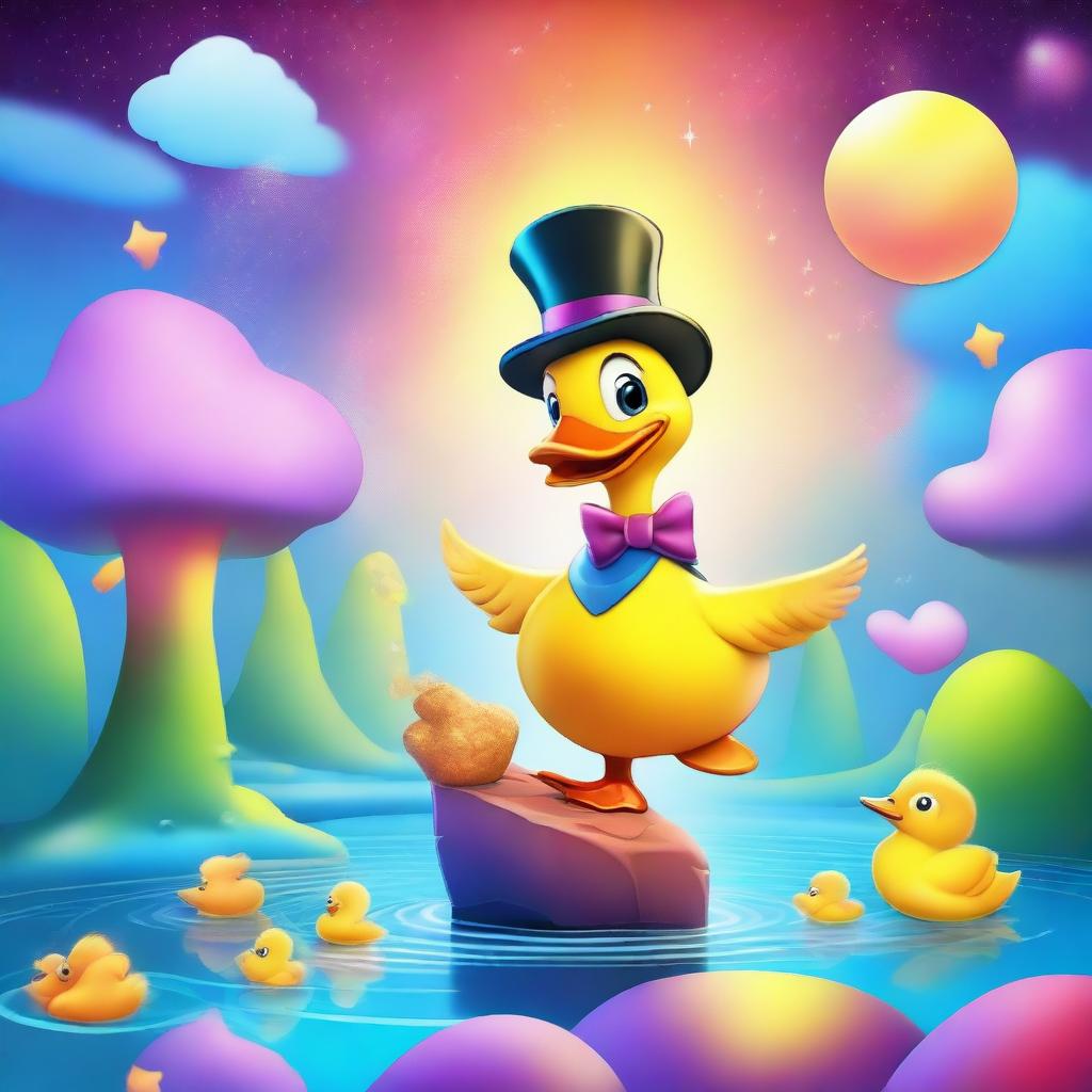 A fun and whimsical cartoon scene featuring a magical duck performing tricks with a wand and a top hat