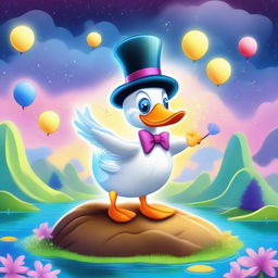 A fun and whimsical cartoon scene featuring a magical duck performing tricks with a wand and a top hat