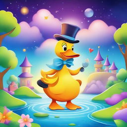 A fun and whimsical cartoon scene featuring a magical duck performing tricks with a wand and a top hat