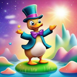 A fun and whimsical cartoon scene featuring a magical duck performing tricks with a wand and a top hat