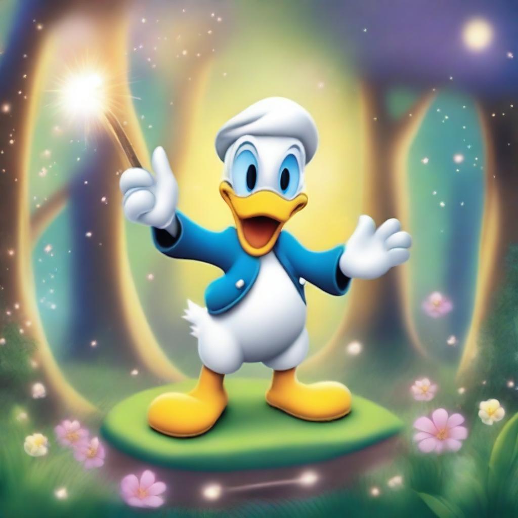 Create a magical scene featuring Donald Duck in a cartoon style