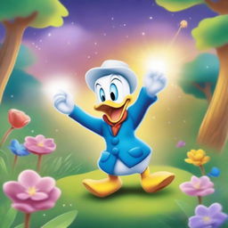 Create a magical scene featuring Donald Duck in a cartoon style