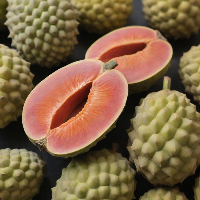 An enticing hybrid fruit combining the attributes of a papaya and a durian, showcasing the best traits of both fruits.