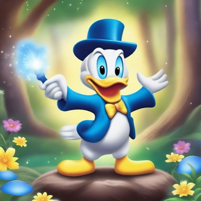 Create a magical scene featuring Donald Duck in a cartoon style