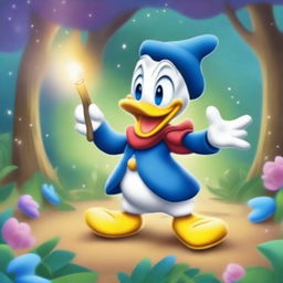 Create a magical scene featuring Donald Duck in a cartoon style