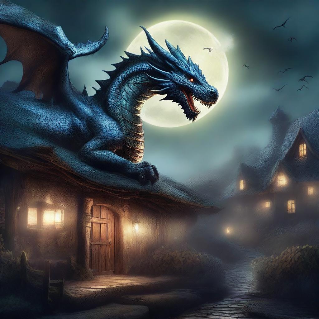 A fantasy book cover featuring a majestic dragon standing imposingly over a dark, eerie cottage village