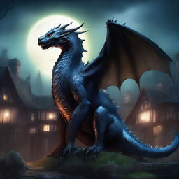 A fantasy book cover featuring a majestic dragon standing imposingly over a dark, eerie cottage village