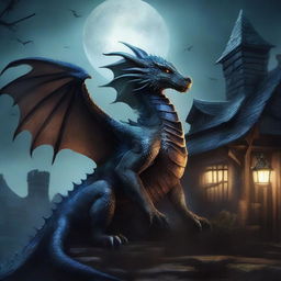 A fantasy book cover featuring a majestic dragon standing imposingly over a dark, eerie cottage village