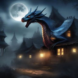 A fantasy book cover featuring a majestic dragon standing imposingly over a dark, eerie cottage village