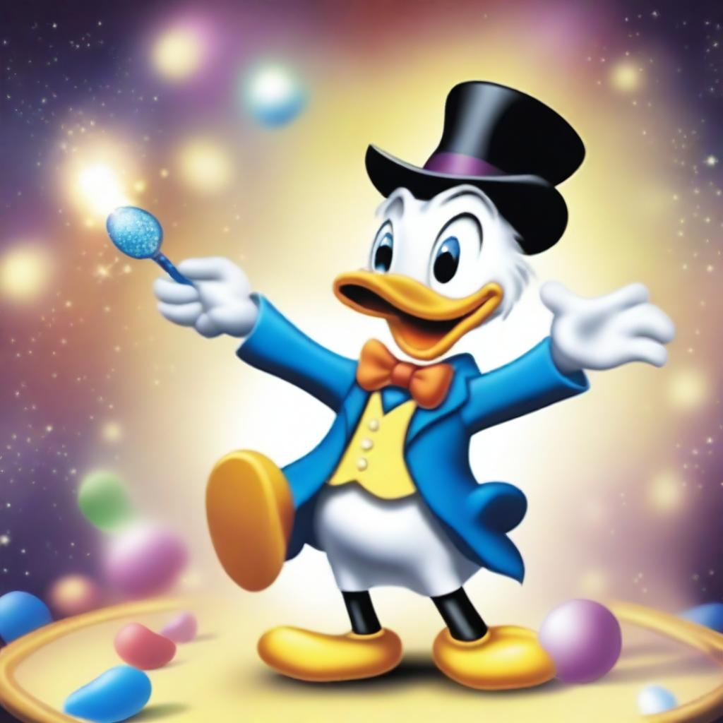 A whimsical scene featuring Donald Duck performing magic tricks in a cartoon style