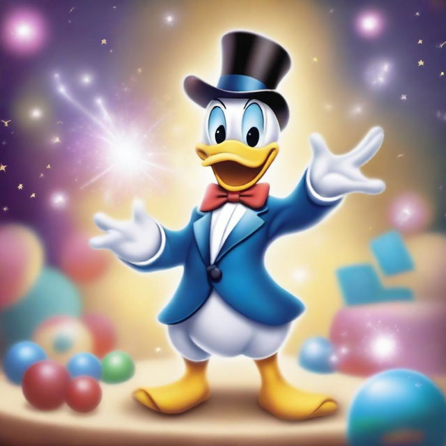 A whimsical scene featuring Donald Duck performing magic tricks in a cartoon style