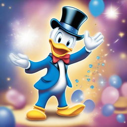 A whimsical scene featuring Donald Duck performing magic tricks in a cartoon style