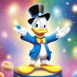 A whimsical scene featuring Donald Duck performing magic tricks in a cartoon style