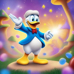 A whimsical and magical scene featuring Donald Duck in a cartoon style