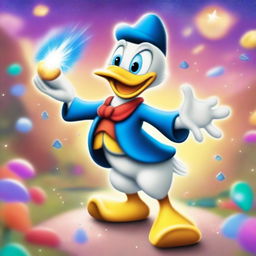 A whimsical and magical scene featuring Donald Duck in a cartoon style