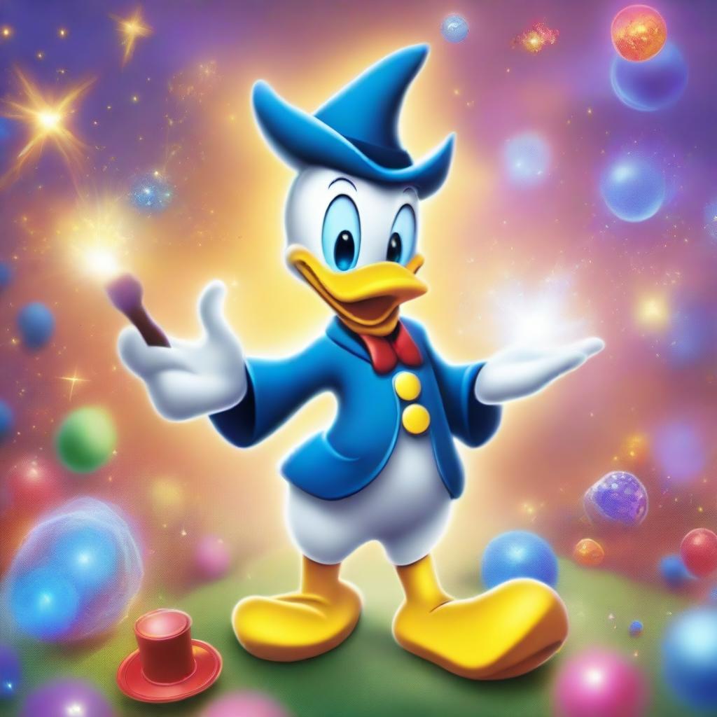 A whimsical and magical scene featuring Donald Duck in a cartoon style