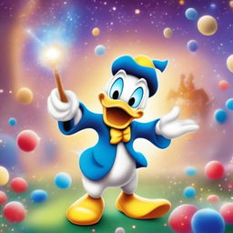 A whimsical and magical scene featuring Donald Duck in a cartoon style