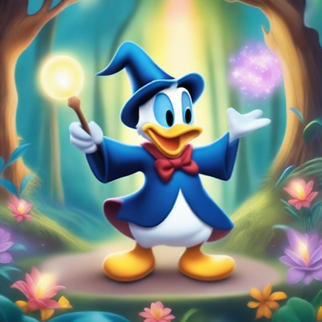 A magical scene featuring Donald Duck as a wizard in a cartoon style