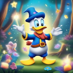 A magical scene featuring Donald Duck as a wizard in a cartoon style