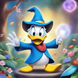 A magical scene featuring Donald Duck as a wizard in a cartoon style