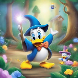 A magical scene featuring Donald Duck as a wizard in a cartoon style