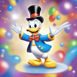 A whimsical cartoon depiction of Donald Duck performing magic tricks