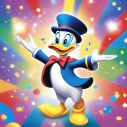 A whimsical cartoon depiction of Donald Duck performing magic tricks