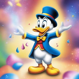 A whimsical cartoon depiction of Donald Duck performing magic tricks