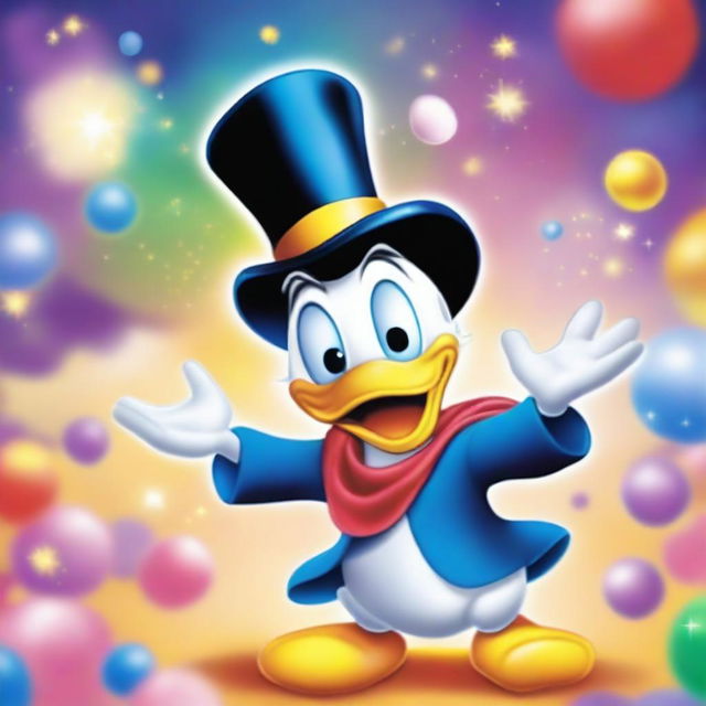 A whimsical cartoon depiction of Donald Duck performing magic tricks