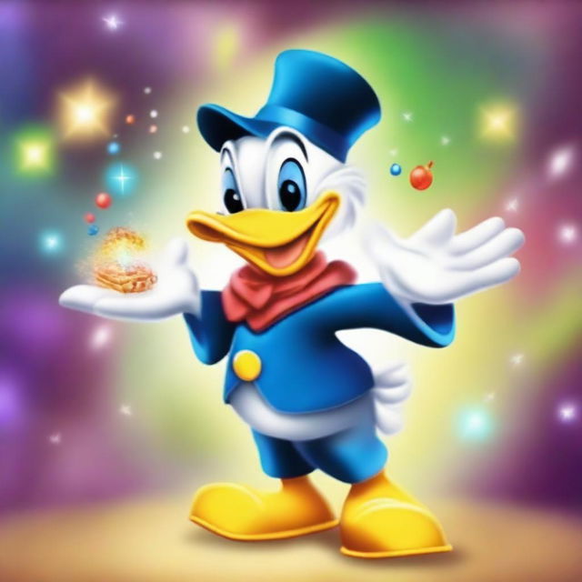 Create an image of Donald Duck performing magic tricks in a cartoon style