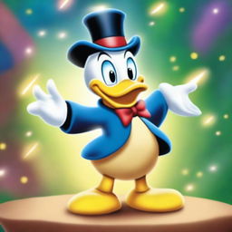 Create an image of Donald Duck performing magic tricks in a cartoon style