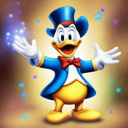 Create an image of Donald Duck performing magic tricks in a cartoon style