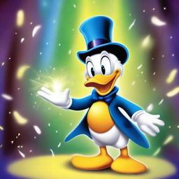 Create an image of Donald Duck performing magic tricks in a cartoon style