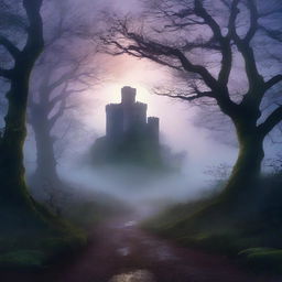 A captivating book cover featuring a mysterious forest with a hidden path leading to an ancient castle