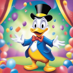 Create an image of Donald Duck performing magic tricks in a cartoon style