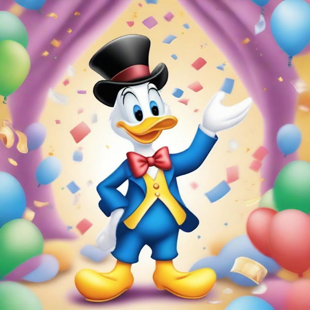 Create an image of Donald Duck performing magic tricks in a cartoon style