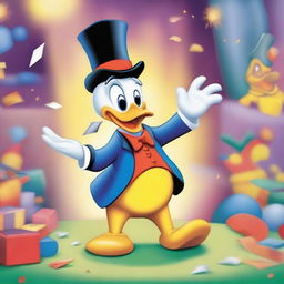 Create an image of Donald Duck performing magic tricks in a cartoon style