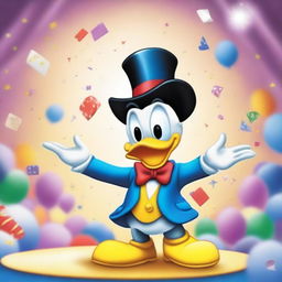 Create an image of Donald Duck performing magic tricks in a cartoon style