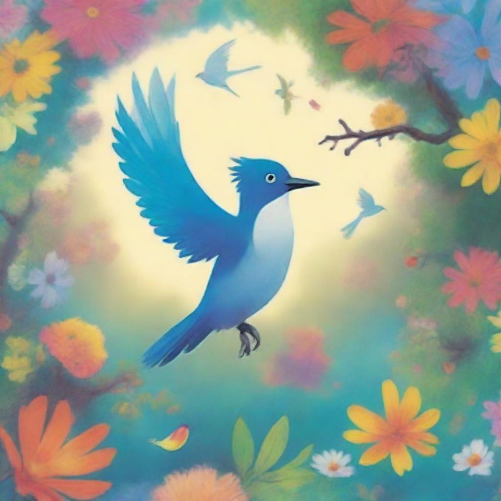 A magical bird soaring through an enchanting, vibrant world filled with whimsical landscapes and cartoonish elements