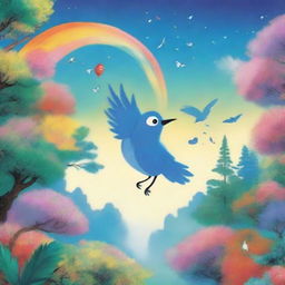 A magical bird soaring through an enchanting, vibrant world filled with whimsical landscapes and cartoonish elements