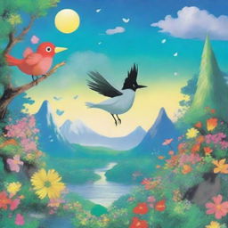 A magical bird soaring through an enchanting, vibrant world filled with whimsical landscapes and cartoonish elements