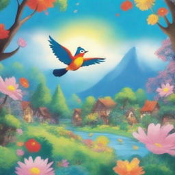 A magical bird soaring through an enchanting, vibrant world filled with whimsical landscapes and cartoonish elements