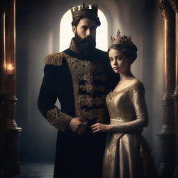 A young king with a beard holding his young queen, both depicted in dark shades