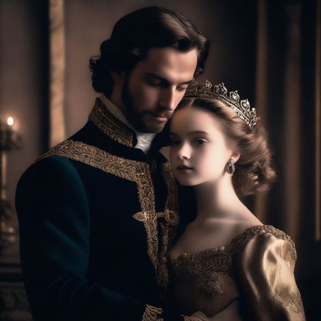 A young king of France with a small beard holding his young queen, both depicted in dark shades