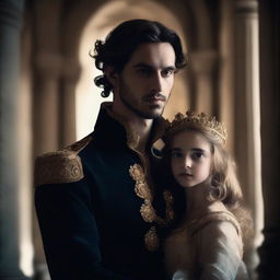 A young king of France with a small beard holding his young queen, both depicted in dark shades