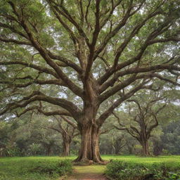 A captivating amalgamation of mighty oak trees and tropical coconut trees, exhibiting unique features of each tree type.