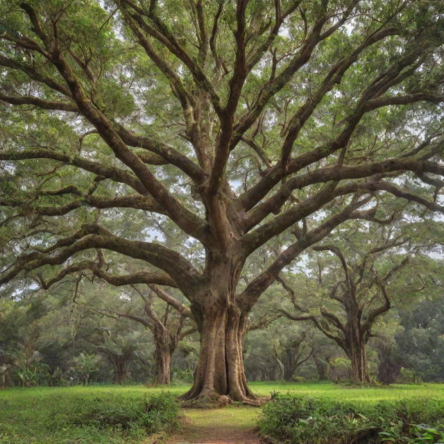A captivating amalgamation of mighty oak trees and tropical coconut trees, exhibiting unique features of each tree type.